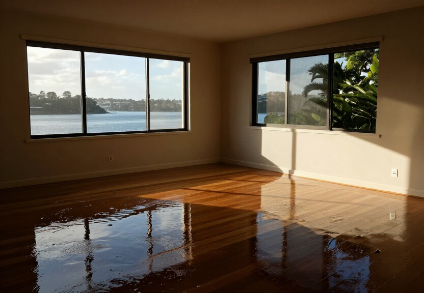 Flooded living room in Auburn with water damage to carpet and walls
